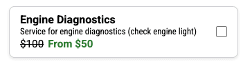 SureCritic online scheduler showing a recommended Engine Diagnostics service, originally $100 and discounted to $50