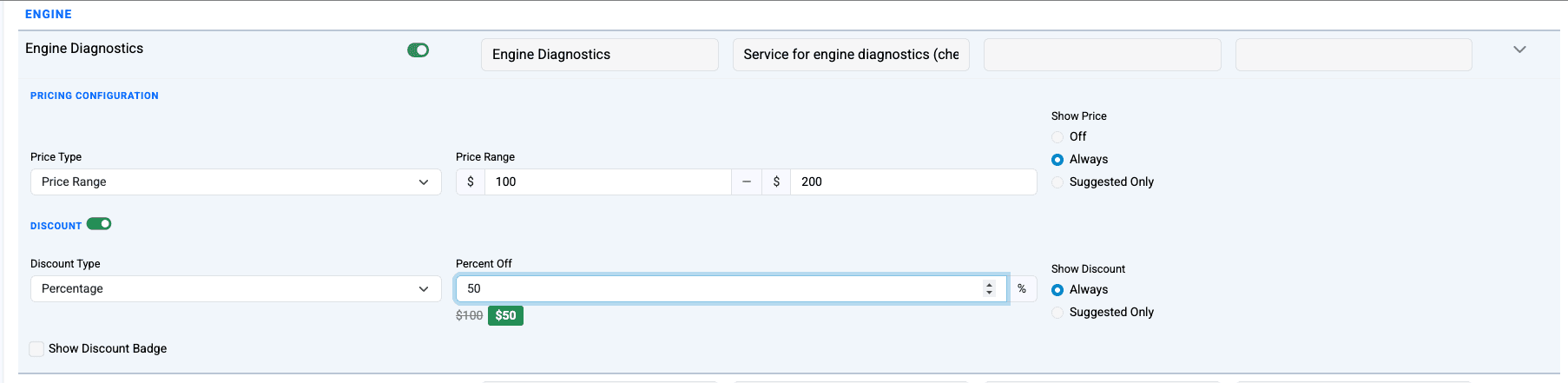 SureCritic service pricing settings: a price range, a percentage discount, and controls for when price and discount are shown to customers