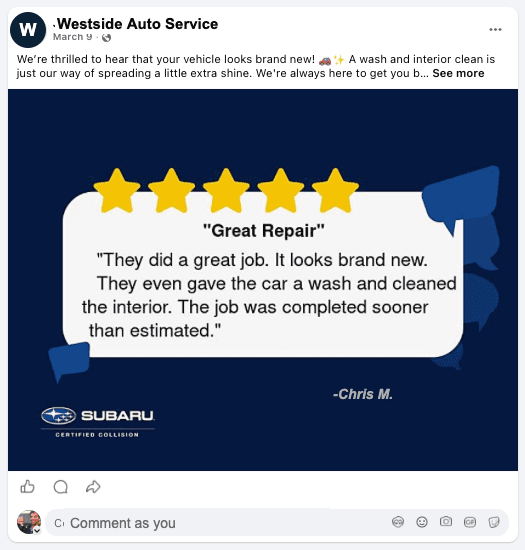 A verified 5-star review auto-posted as a branded post to Facebook