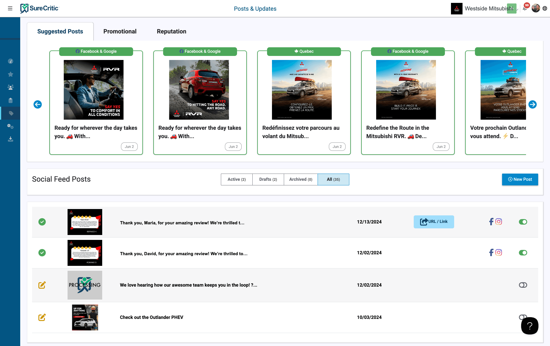 SureCritic Posts & Updates: suggested branded posts and social feed