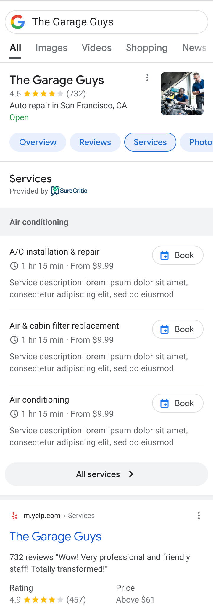 Services tab on a Google Business Profile, listing the shop’s services with Book buttons