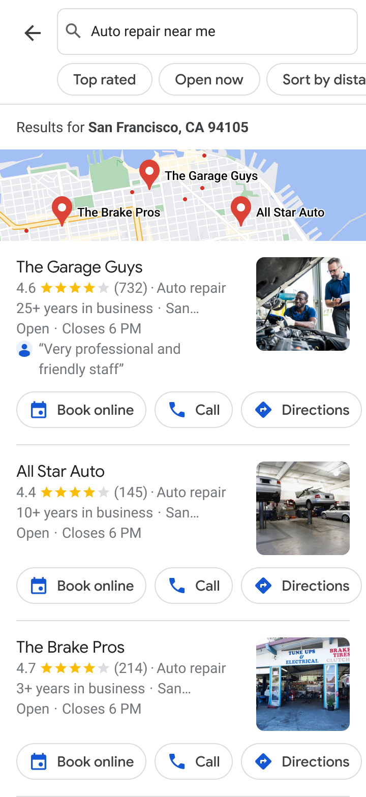 Google Search immersive list results showing the shop with a Book button