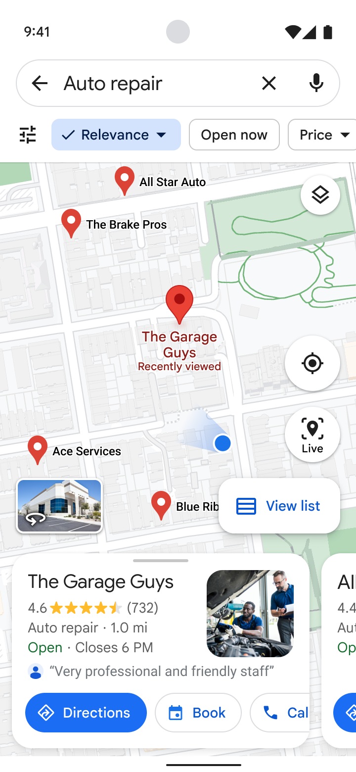 Google Maps on Android showing the shop’s listing with a Book button