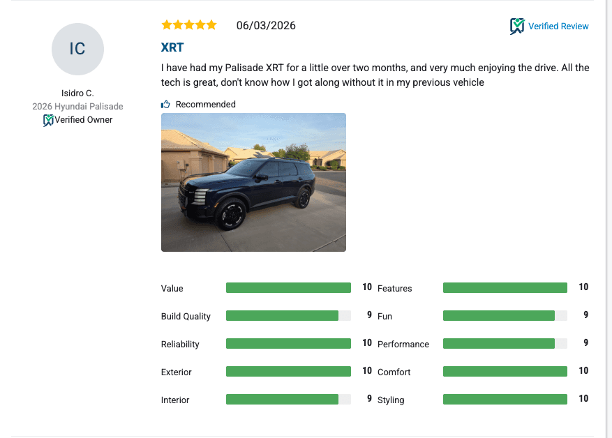 Verified owner review with owner-submitted photo and per-category ratings