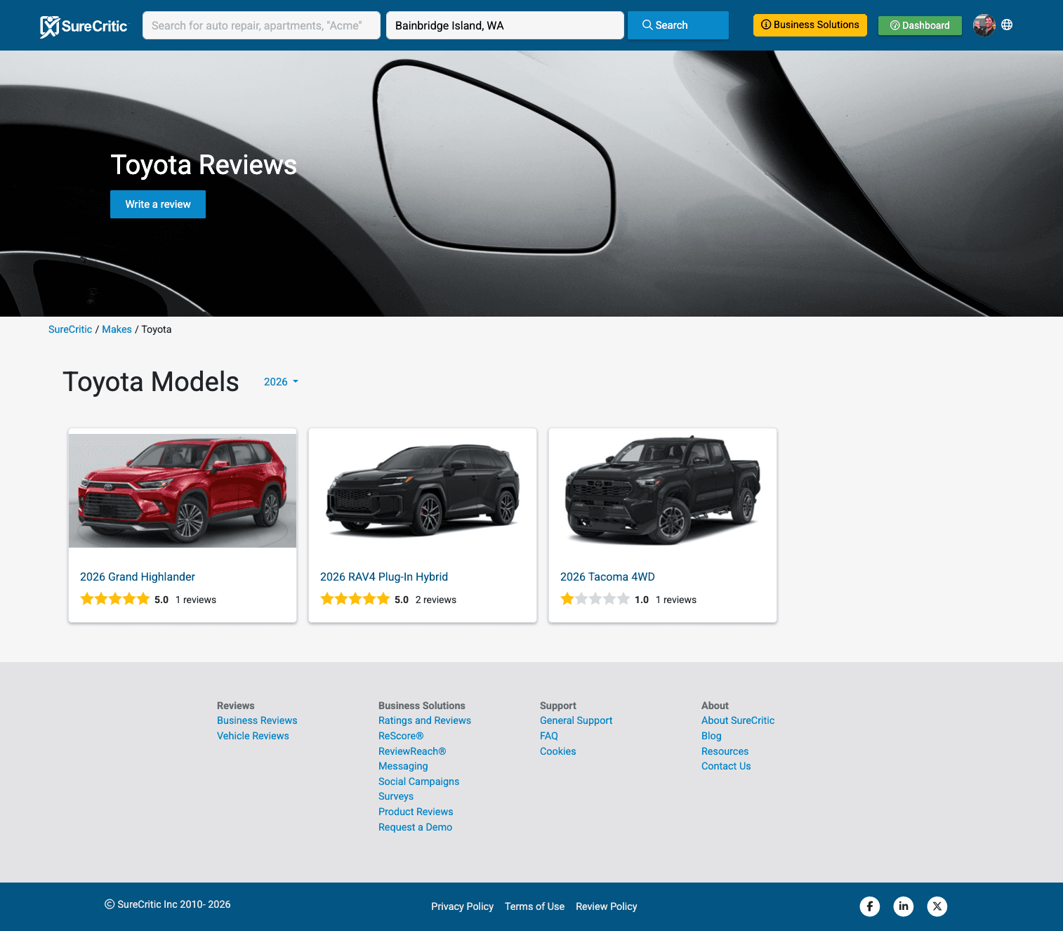 SureCritic public vehicle reviews: Toyota models with verified owner ratings